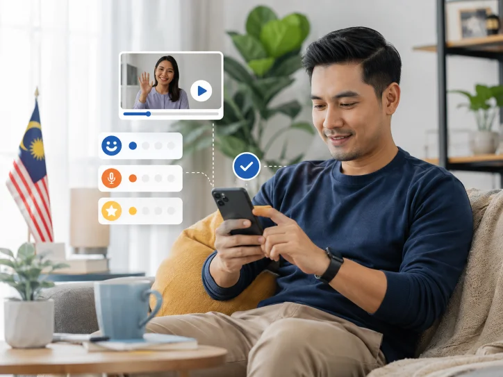 Lelaki dewasa melengkapkan tugasan video menggunakan telefon pintar pada masa lapang